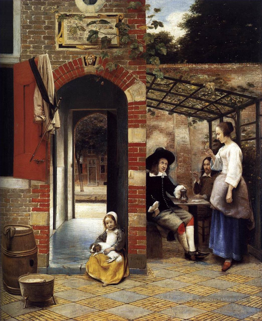 Les personnages buvant dans un genre Courtyard Pieter de Hooch Peintures à l'huile